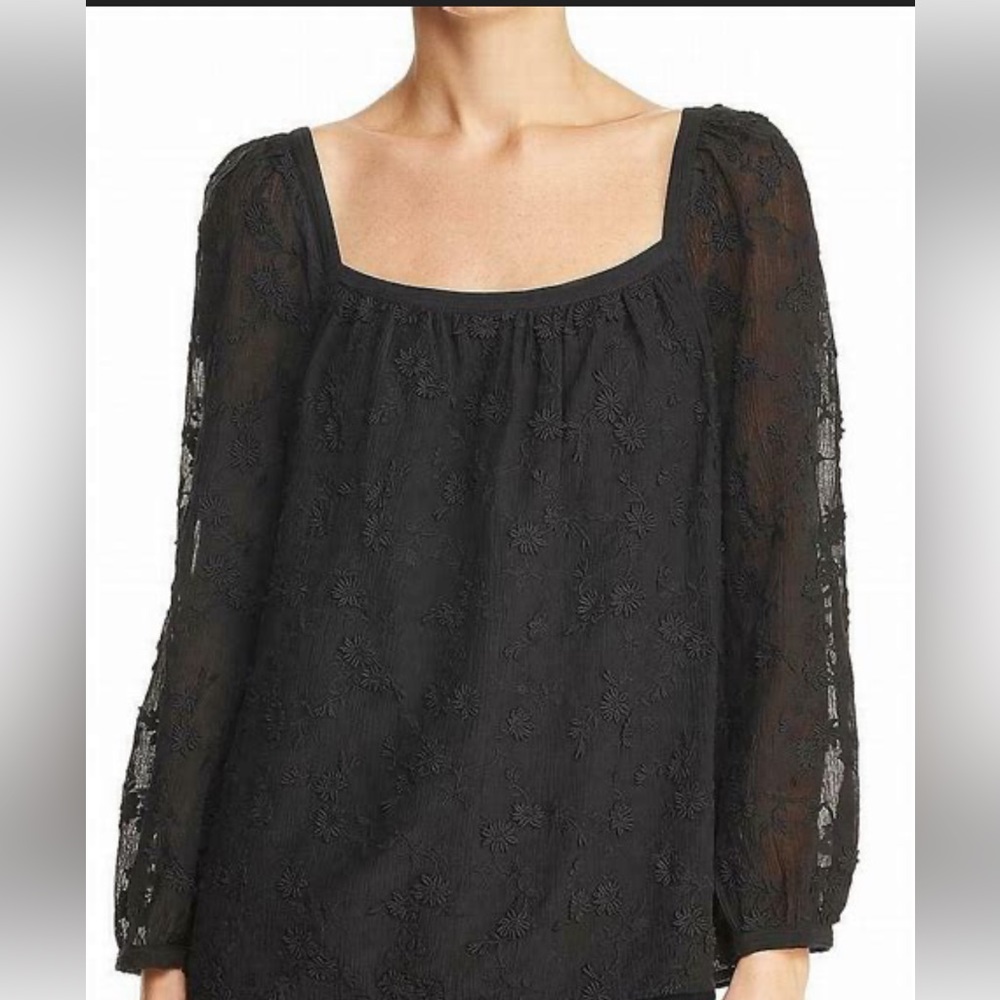 Rebecca Taylor Women's Long Sleeve Kyla Embroidered Top, Black, XS